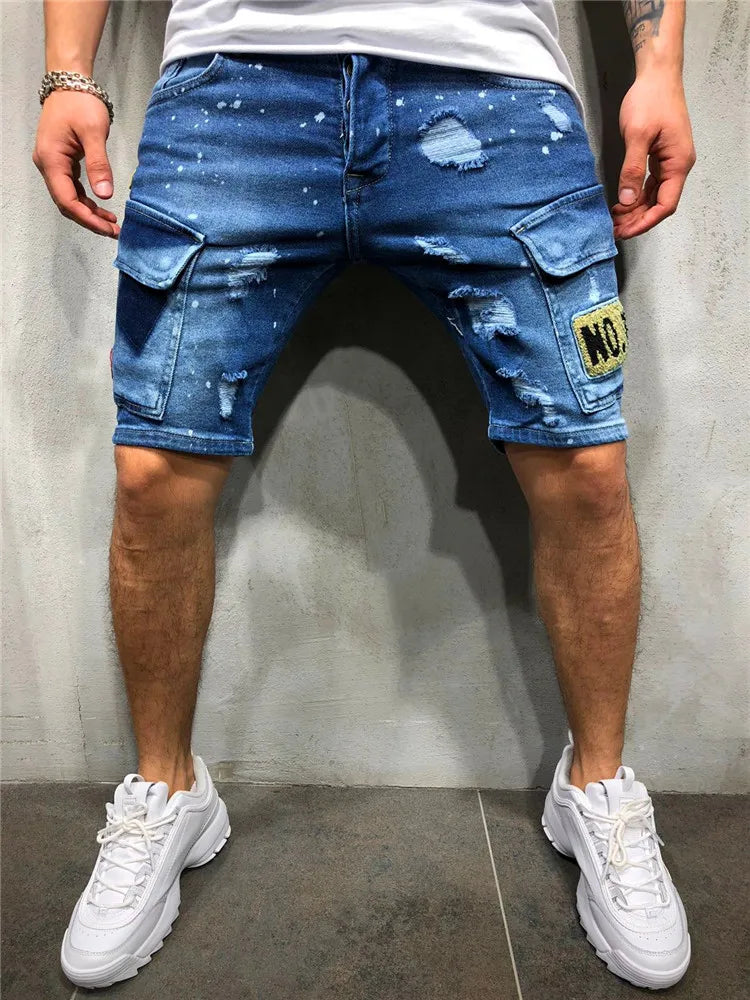 Men's Y2K Summer Ripped Shorts Jeans Badge Pants Stretch