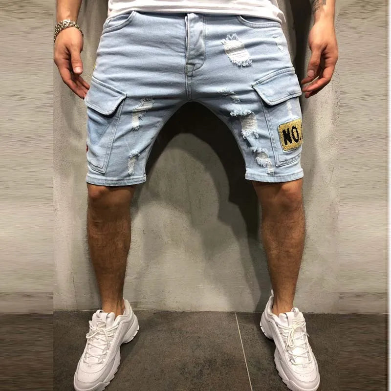 Men's Y2K Summer Ripped Shorts Jeans Badge Pants Stretch
