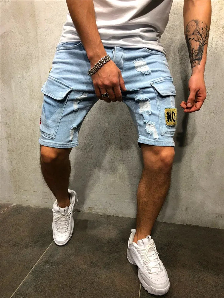 Men's Y2K Summer Ripped Shorts Jeans Badge Pants Stretch