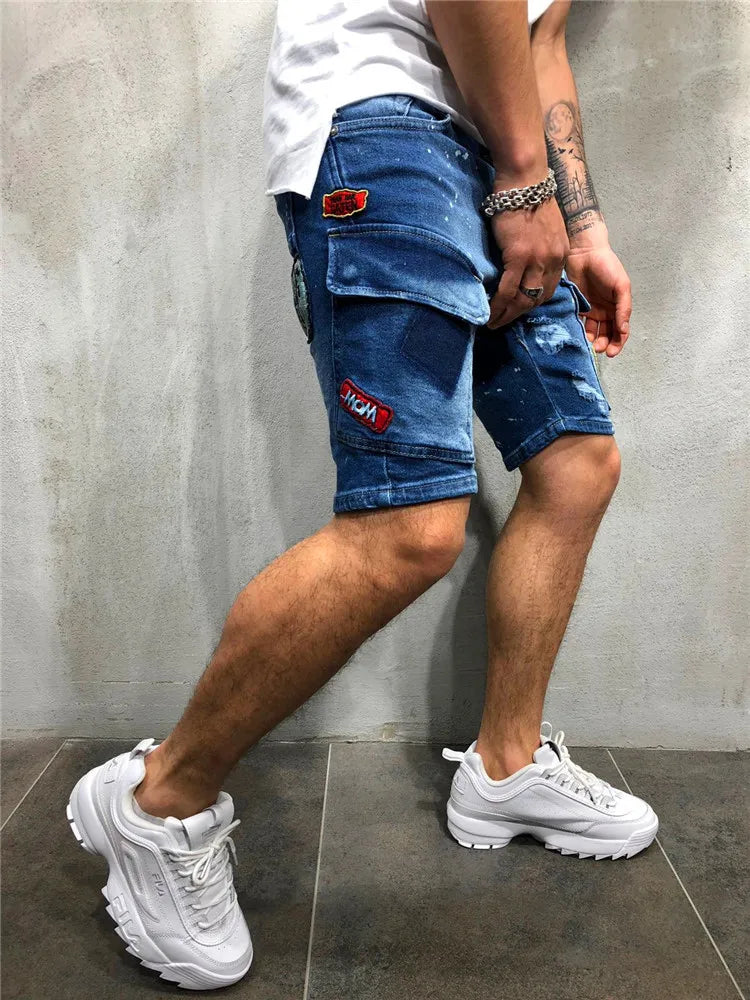 Men's Y2K Summer Ripped Shorts Jeans Badge Pants Stretch