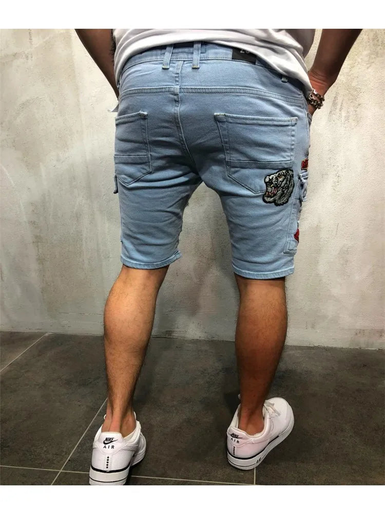 Men's Y2K Summer Ripped Shorts Jeans Badge Pants Stretch