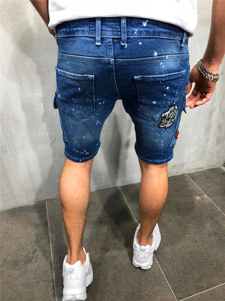 Men's Y2K Summer Ripped Shorts Jeans Badge Pants Stretch