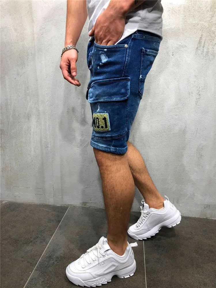 Men's Y2K Summer Ripped Shorts Jeans Badge Pants Stretch
