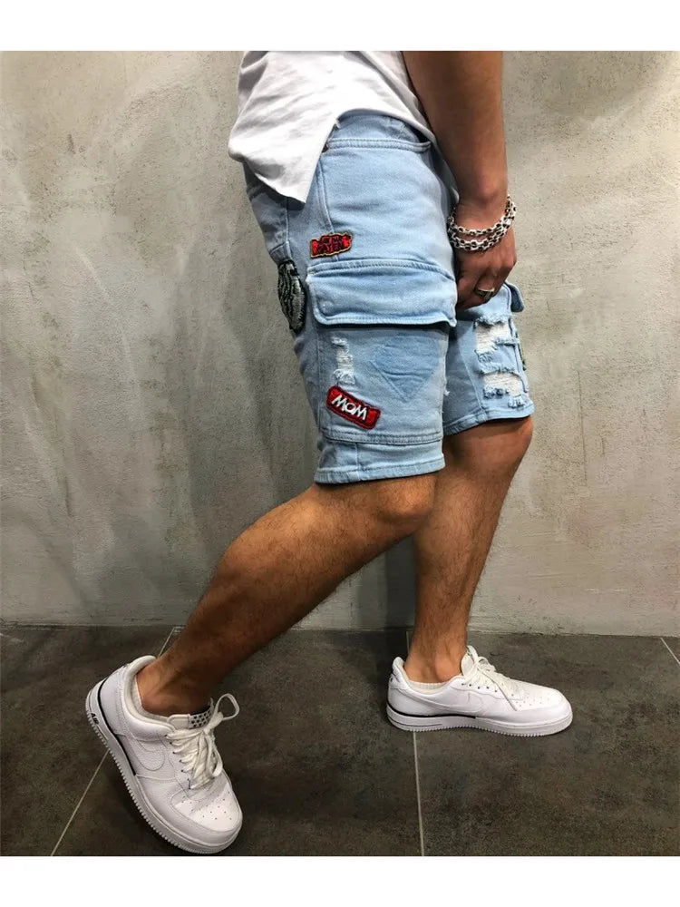 Men's Y2K Summer Ripped Shorts Jeans Badge Pants Stretch